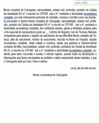 Modelo de Contrato Procuração para Assinar o Registro de Nascimento de Criança