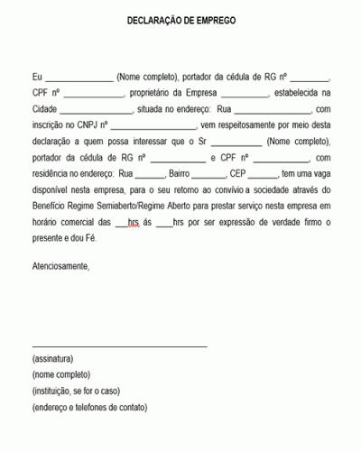 Modelo de Declaração de Emprego para Presidiário 