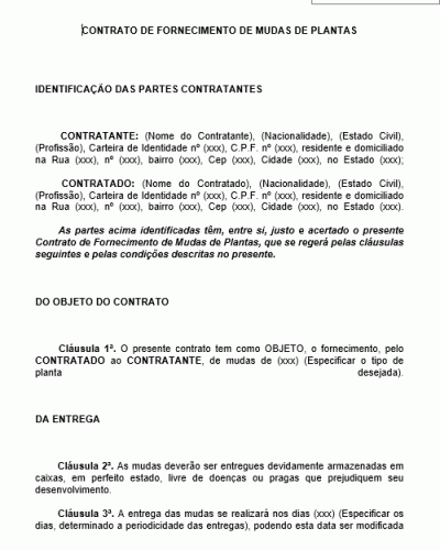 Modelo de Contrato de Fornecimento de Mudas de Plantas