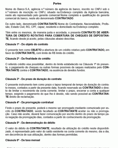 Modelo de Contrato Abertura de Crédito Rotativo - Cobertura de Cheques de Depositante