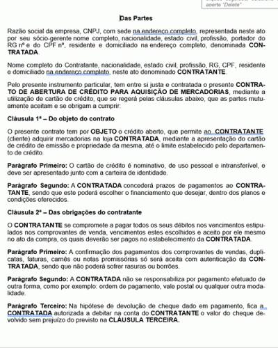 Modelo de Contrato Abertura de Crédito em Magazine