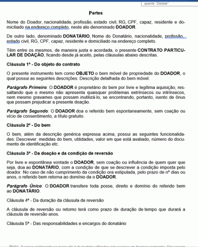 Modelo de Contrato Doação com Cláusula de Reversão ou Retorno