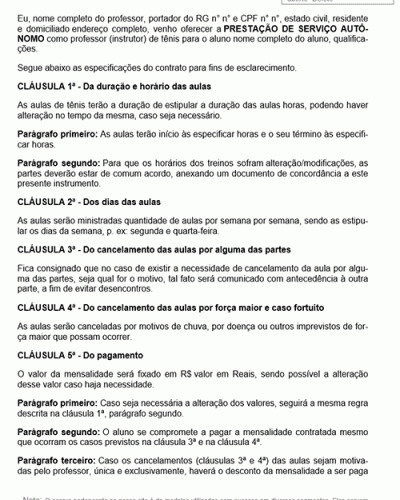 Modelo de Contrato Prestação de Serviços - Aula de Tênis