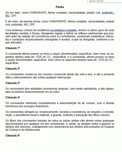 Modelo de Contrato Pacto de Convivência - União Estável