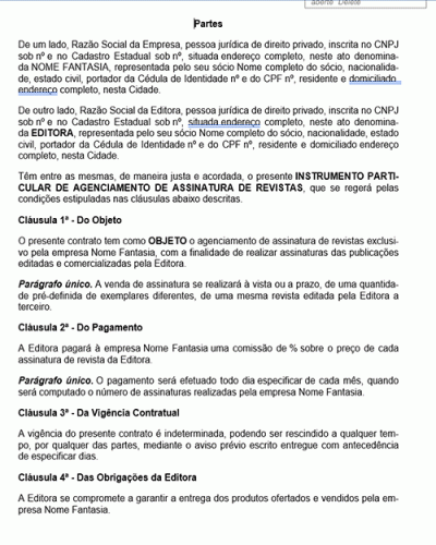 Modelo de Contrato Agenciamento de Assinatura de Revistas