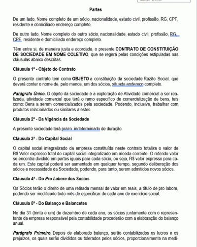 Modelo de Contrato Constituição de Sociedade - Nome Coletivo