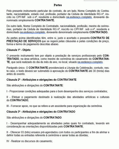 Modelo de Contrato Celebração de Casamento