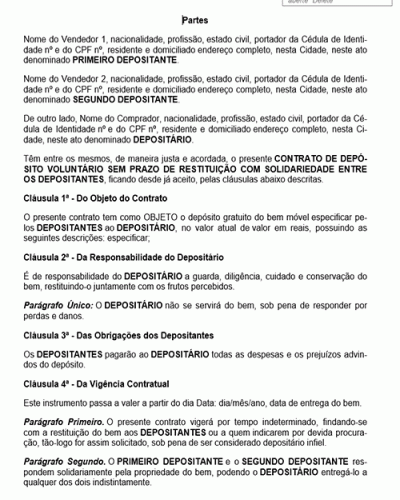 Modelo de Contrato Depósito Voluntário Gratuito Sem Prazo de Restituição