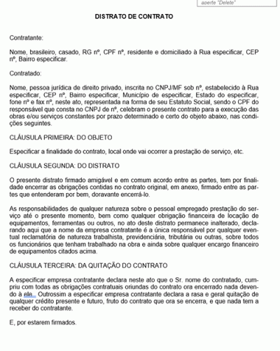 Modelo de Distrato de Contrato de Prestações de Serviços