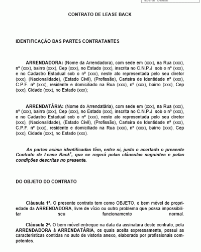 Modelo de Contrato de Lease Back - Maquinario Arrendado - Padrão