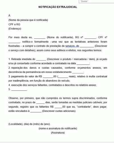 Modelo de Notificação Extrajudicial para retirada de mercadoria produto abandonado em oficina