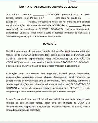 Modelo de Contrato de Locação de Veículo Carro