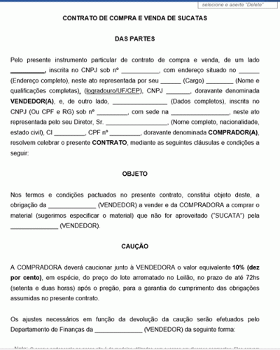 Modelo de Contrato de Compra e Venda de Sucatas