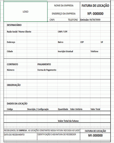 Modelo em Excel de Fatura de Locação