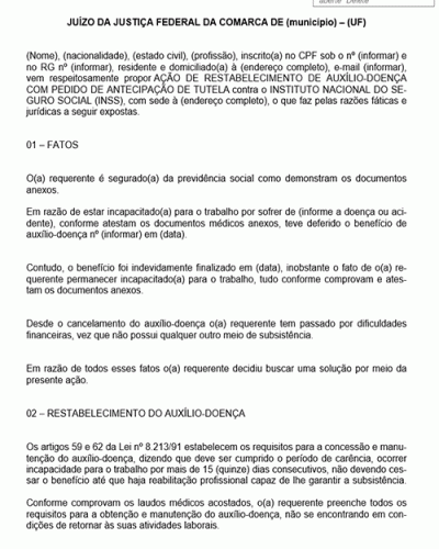 Modelo de Petição Ação Previdenciária de Restabelecimento de Benefício por Incapacidade