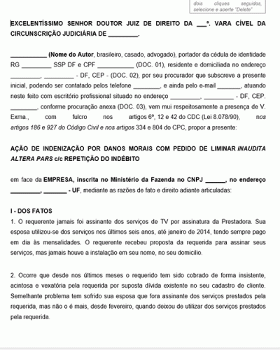 Modelo de Ação de Indenização por Danos Morais com Pedido de Liminar Inaudita Altera Pars e Repetição do Indébito em Dobro