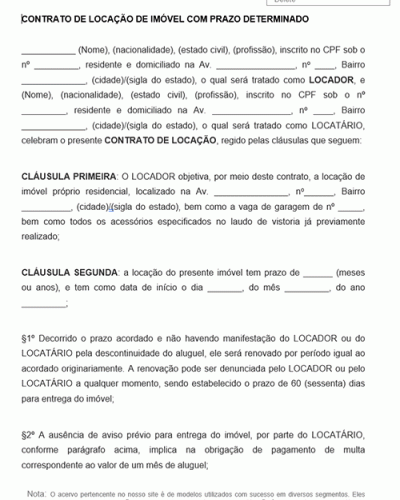 Modelo de Contrato de locação de imóvel com prazo determinado