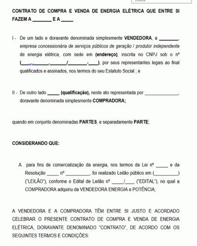 Modelo de Contrato de Compra e venda de Energia Elétrica