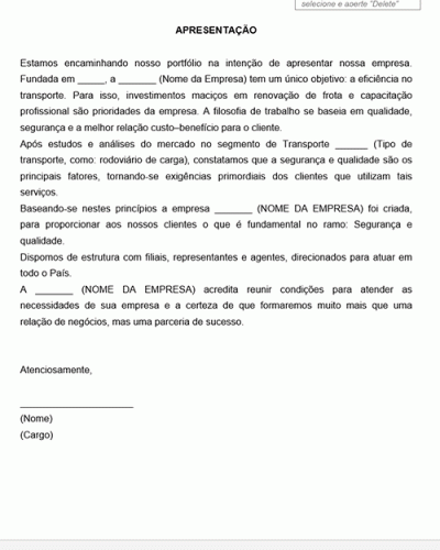 Modelo de Carta de Apresentação Comercial e Proposta Comercial de Transporte