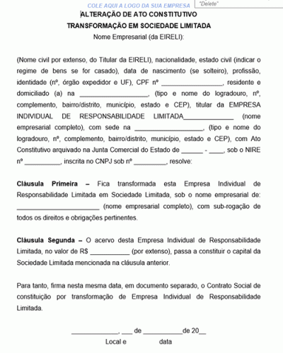 Modelo de Transformação de Empresa Eireli em Sociedade