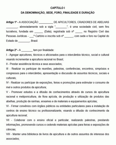 Modelo de Estatuto de Associação de Apicultores