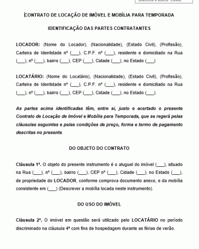 Modelo de Contrato de Locação Casa de Praia - Imóvel e Mobília Temporada