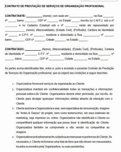 Modelo de Contrato de Prestação de Serviço de Organização Profissional