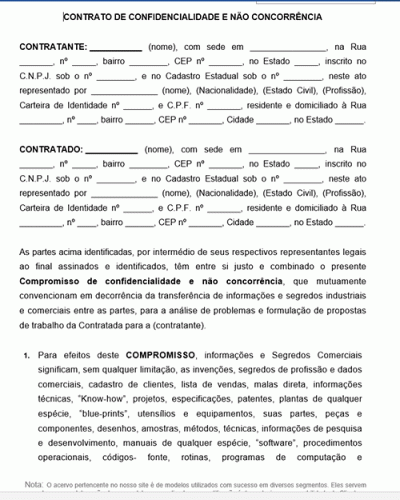 Modelo de Contrato de Confidencialidade e não concorrência