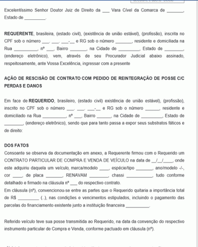 Modelo de Ação de Rescisão de Contrato de compra e venda de veículo e Pedido de reintegração de Posse