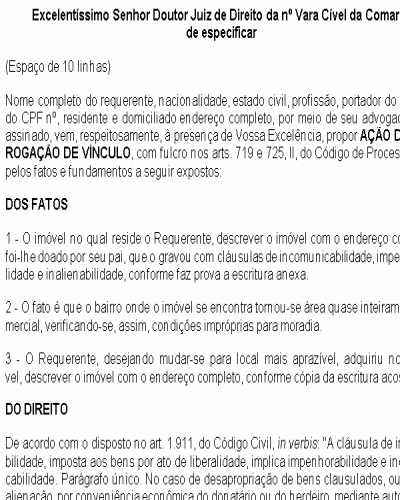 Modelo de Petição Sub-rogação de Vínculo - Cláusulas de Incomunicabilidade, Impenhorabilidade e Inalienabilidade