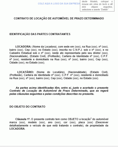 Modelo de Contrato de Locação de Automóveis - Carro Veículo