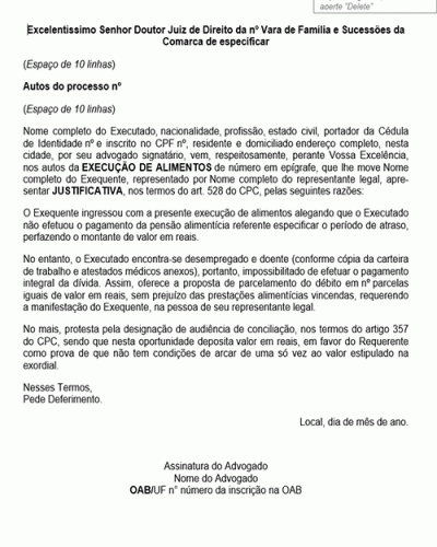 Modelo de Petição Justificativa pelo Não Pagamento - Execução de Alimentos - Rito do art. 528 do CPC