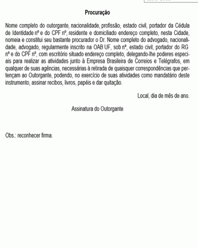 Modelo de Contrato Procuração para Retirar Correspondências