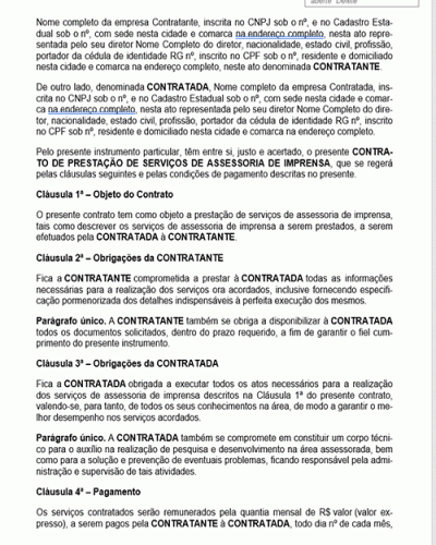 Modelo de Contrato Prestação de Serviços de Assessoria de Imprensa entre Pessoas Jurídicas