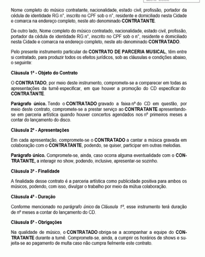 Modelo de Contrato Parceria Artística