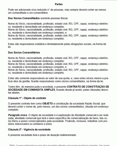 Modelo de Contrato Constituição de Sociedade em Comandita Simples