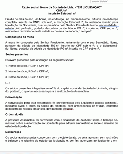 Modelo de Contrato Ata de Assembleia para Liquidação de Sociedade Ltda