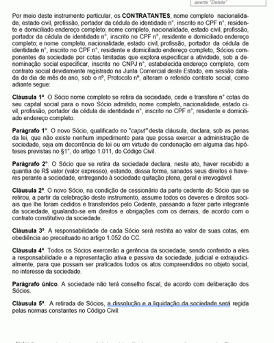 Modelo de Contrato Alteração contratual – Saída de Sócio e Admissão de Outro