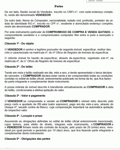 Modelo de Contrato Compromisso de Compra e Venda Quitado c.c. Contrato de Locação de Bem Imóvel Adquirido em Leilão