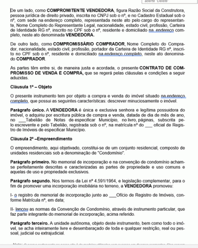 Modelo de Contrato Compromisso de Compra e Venda por Construtora – Imóvel Incorporado