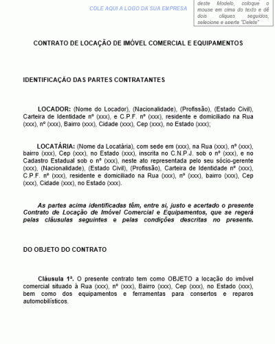 Modelo de Contrato de Locação de Imóvel Comercial e Equipamentos