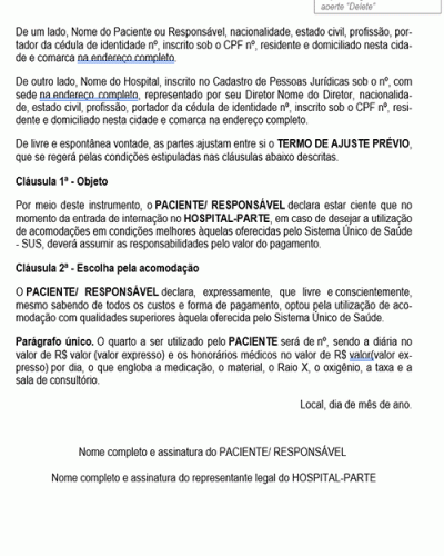 Modelo de Contrato Termo de Ajuste Prévio com Hospital