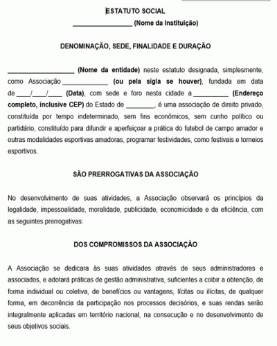 Modelo de Estatuto de Associação de Futebol Amador