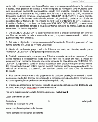 Modelo de Contrato Instrumento Extrajudicial de Conciliação – Execução de Alimentos