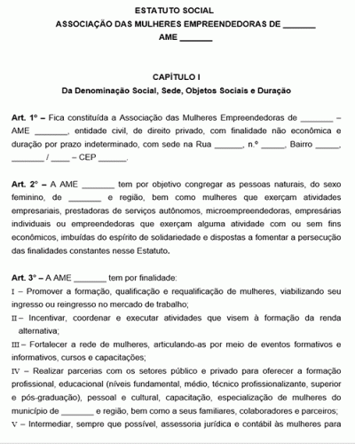 Modelo de Estatuto de Associação de Mulheres Empreendedoras