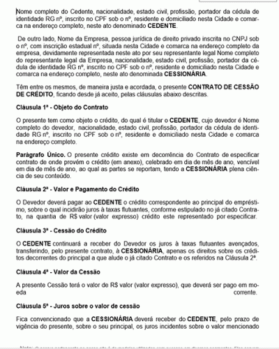 Modelo de Contrato Cessão de Crédito