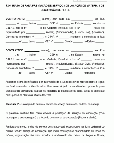 Modelo de Contrato de Prestação de Serviços de Locação de Materiais de Decoração de Festa