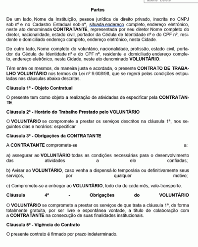 Modelo de Contrato Trabalho Voluntário