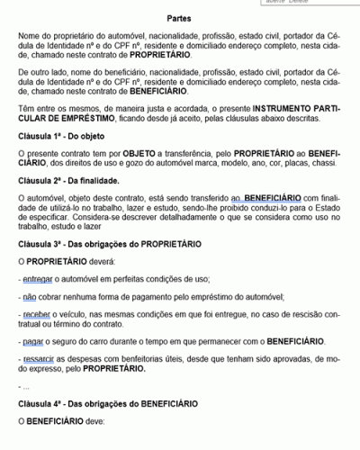 Modelo de Contrato Empréstimo de Automóvel