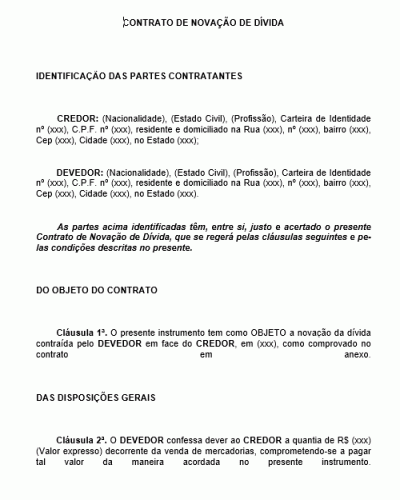 Modelo de Contrato de Novação de Dívida Contraída - Venda de Mercadoria - Devedor e Credor